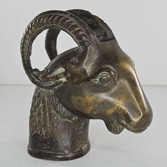 Vintage Horned Serpent Ram Goat Head Finnial Candle Snuffer Brass Pima Story - Picture 5 of 15